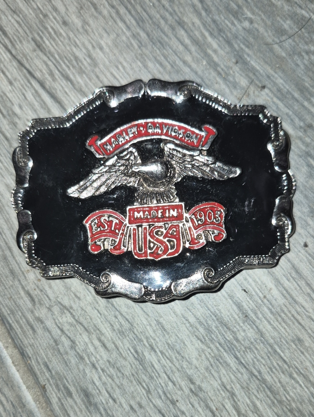 Vinrage Harley-Davidson Silver Tone Buckle with Black & Red Accents